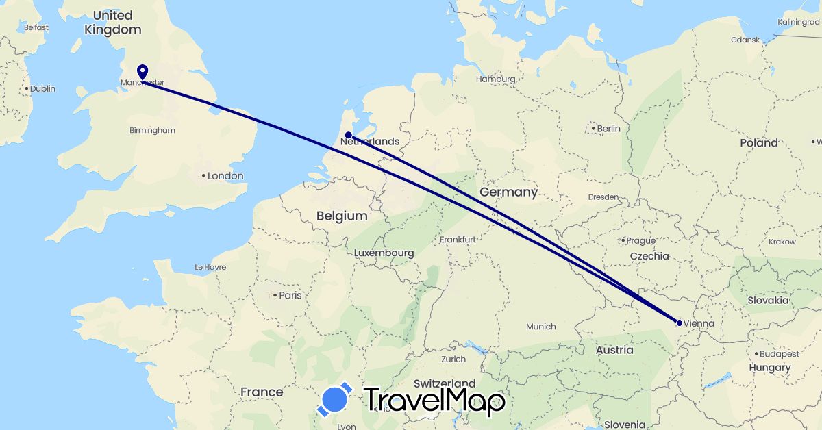 TravelMap itinerary: driving in Austria, United Kingdom, Netherlands (Europe)
